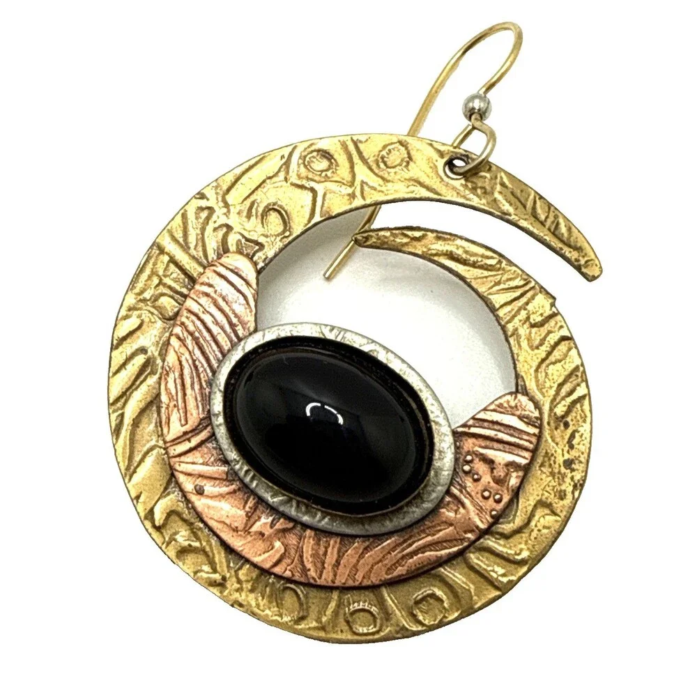 VTG Copper Brass Black Onyx Cabochon Swirl Earrings Tribal Boho 2” Mixed Metals